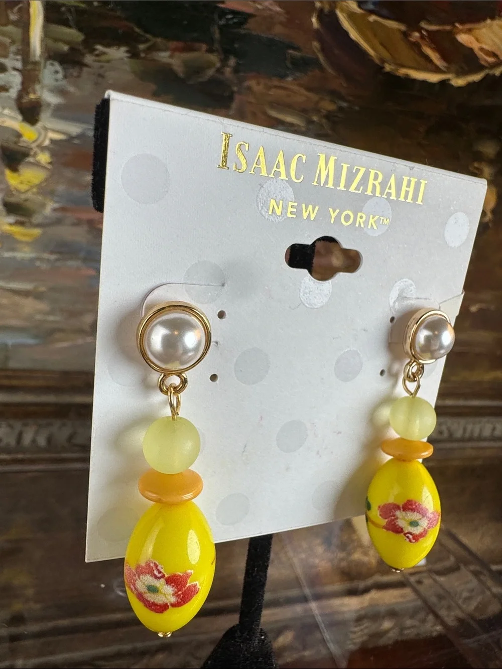 0593-Isaac‎ Mizrahi Yellow Floral Drop Earrings with Pearl Tops